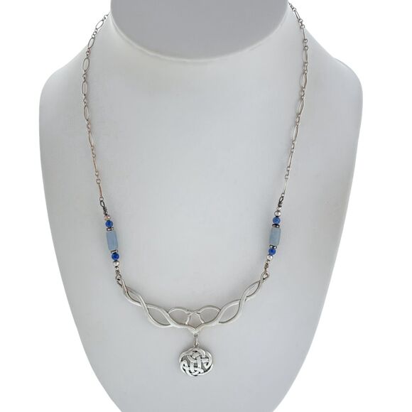 Lapis Lazuli Jadeite Bead Celtic Knot Necklace | Vintage Sterling Silver | 18" - Picture 1 of 7